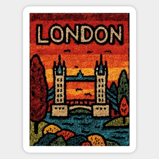 London River Thames Linocut Poster | Retro Tower Bridge Scene Sticker